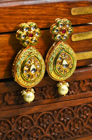 Mint Meenakari Kundan Drop Earrings