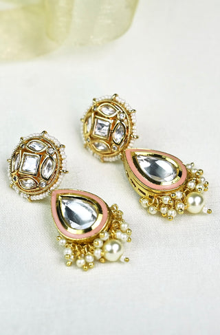 Polki Pearl Drop Earrings (Pink)